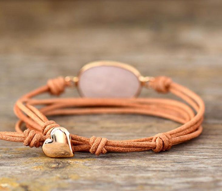 Natural Rose Quartz Charm Leather Wrap Bracelet - Womens Bracelets Crystal Bracelet - Allora Jade