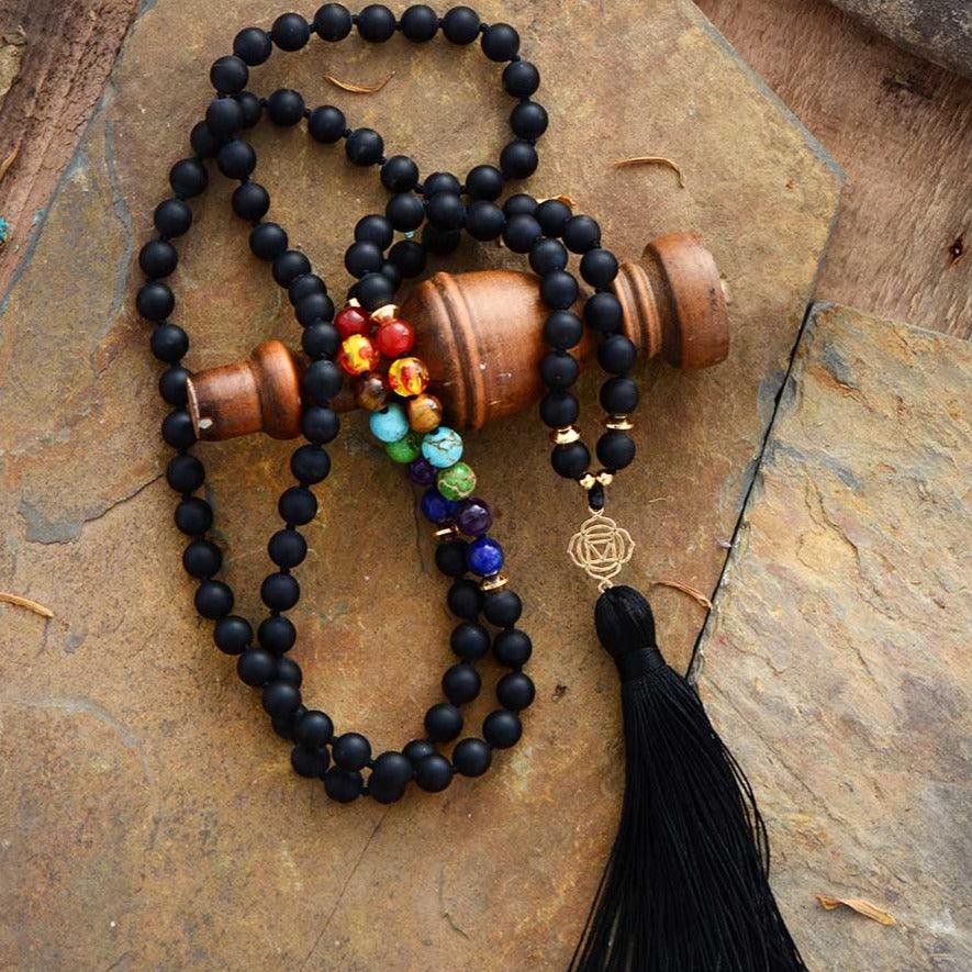 'Chakras' Black Onyx 108 Mala Beads Necklace - Womens Necklaces Crystal Necklace - Allora Jade