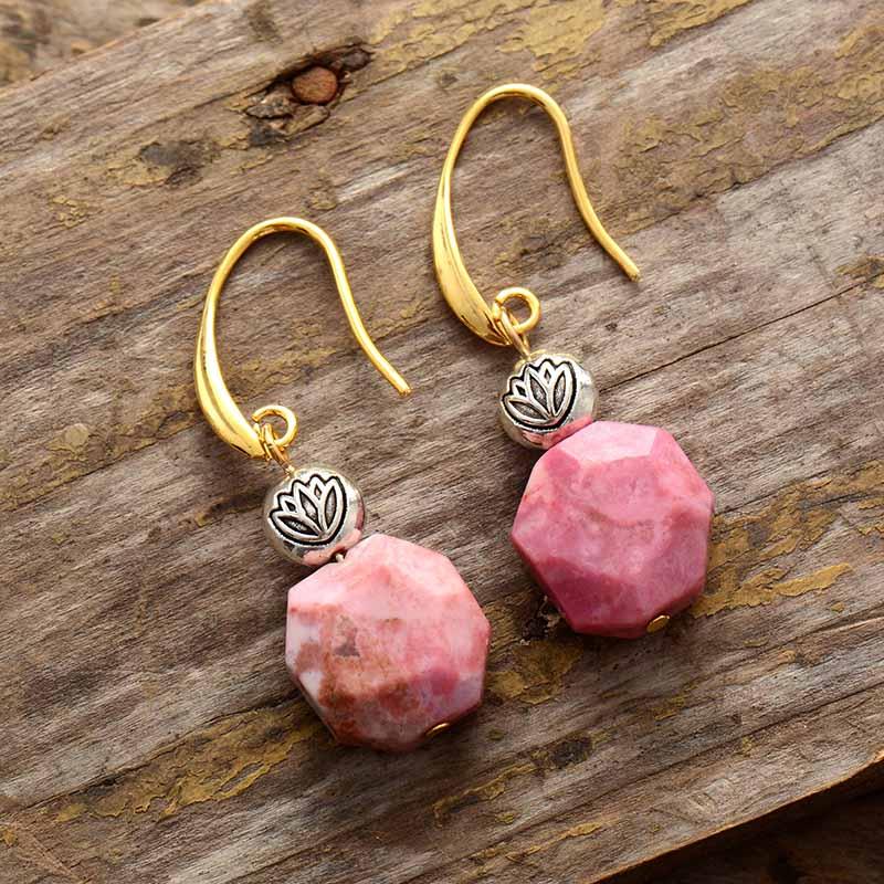 'Lotus Bead' Rhodonite Drop Earrings - Womens Earrings Crystal Earrings - Allora Jade