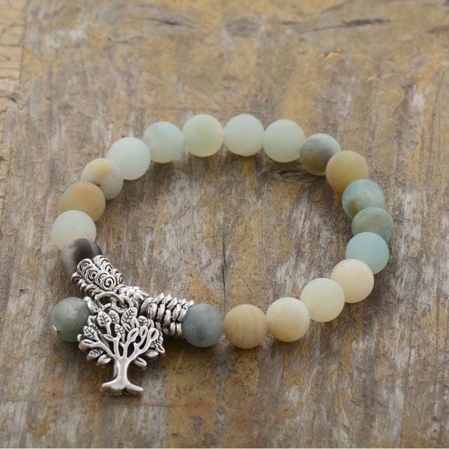 Amazonite Stretchy Bracelet w/ Tree of Life Charm - Womens Bracelets Crystal Bracelet - Allora Jade