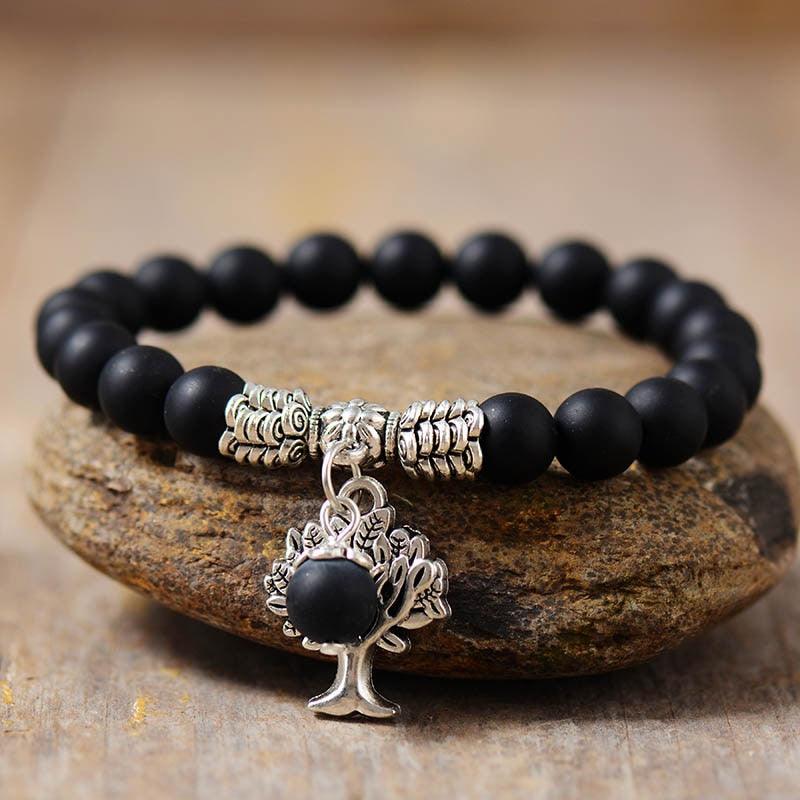 Black Onyx Stretchy Bracelet w/ Tree of Life Charm - Womens Bracelets Crystal Bracelet - Allora Jade