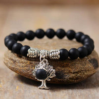 Black Onyx Stretchy Bracelet w/ Tree of Life Charm - Womens Bracelets Crystal Bracelet - Allora Jade