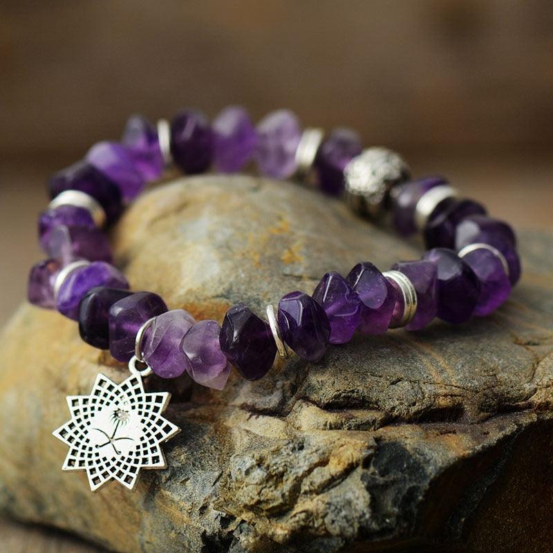 Amethyst Stretchy Bracelet with Sunburst Charm - Womens Bracelets Crystal Bracelet - Allora Jade