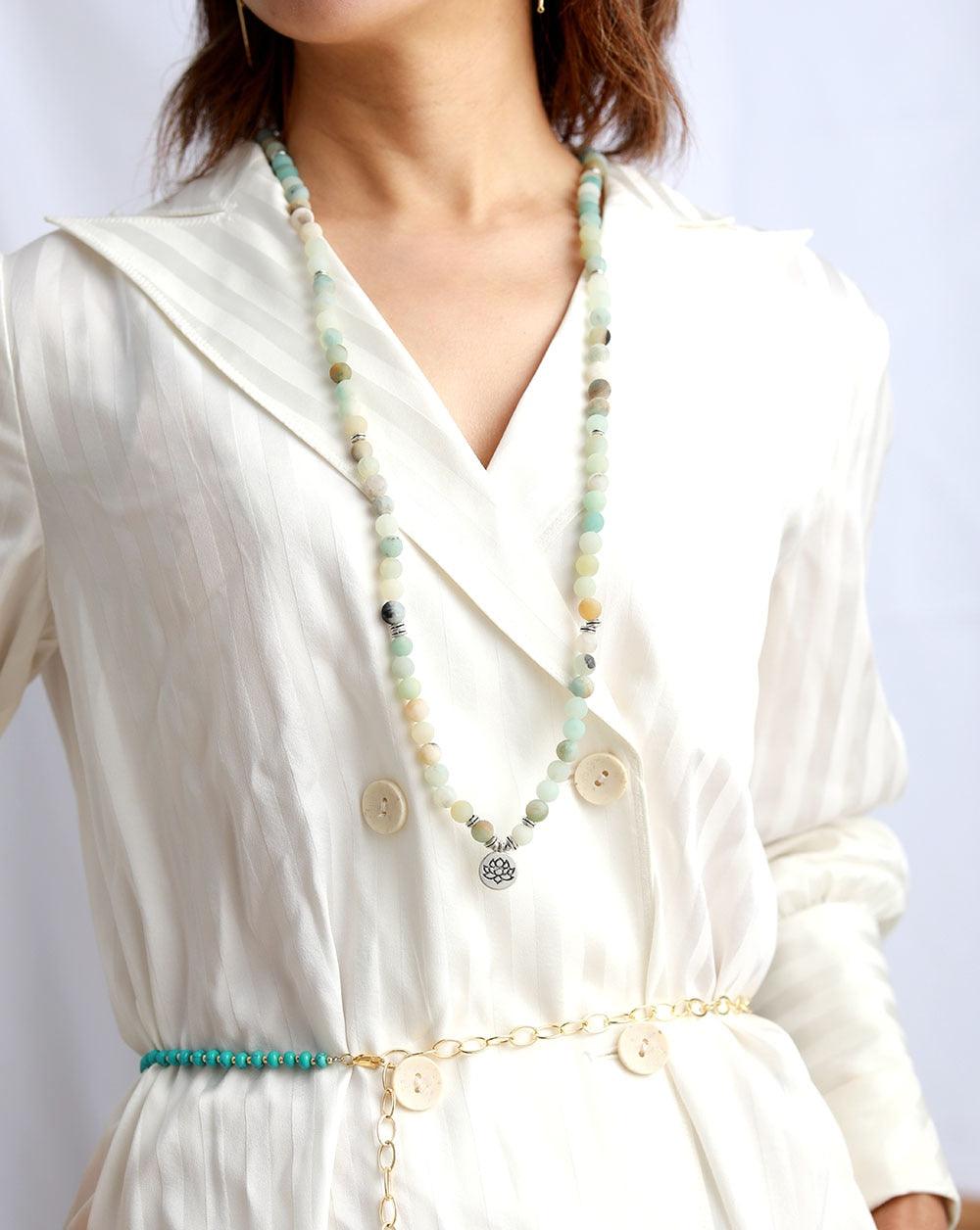 'Lotus Charm' & Amazonite Beads Necklace - Womens Necklaces Crystal Necklace - Allora Jade