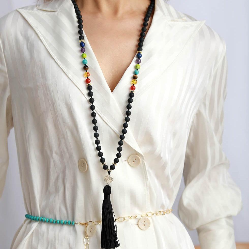 'Chakras' Black Onyx 108 Mala Beads Necklace - Womens Necklaces Crystal Necklace - Allora Jade