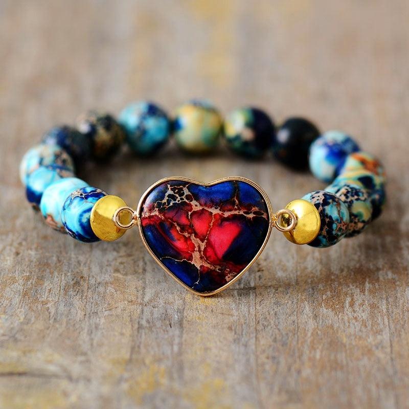 Blue Imperial Jasper Heart Charm Stretchy Bracelet - Womens Bracelets Crystal Bracelet - Allora Jade