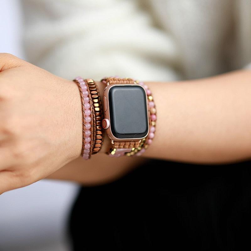 Rose Quartz & Rhodonite Apple Watch Band - Womens Crystal Watch Bands - Allora Jade