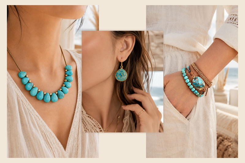 Turquoise necklace, earrings and bracelet styled in a coastal bohemian jewellery collage.