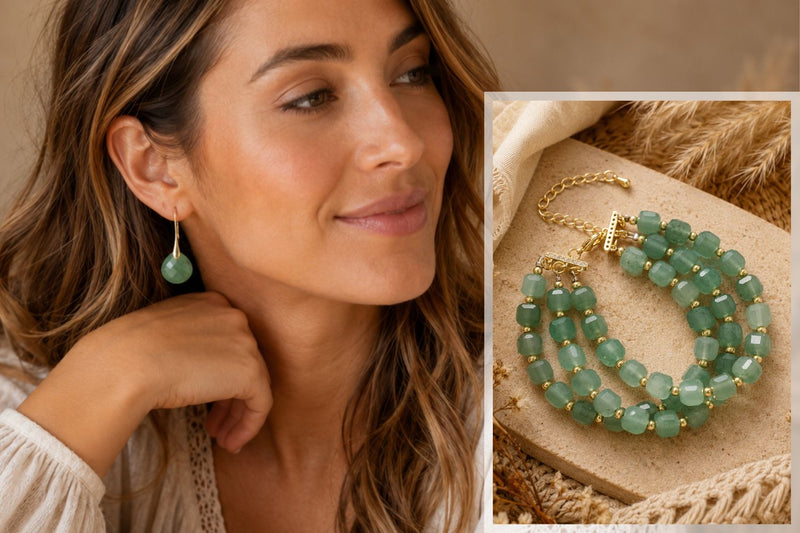 Green Aventurine earrings and bracelet in a warm bohemian style jewellery image.