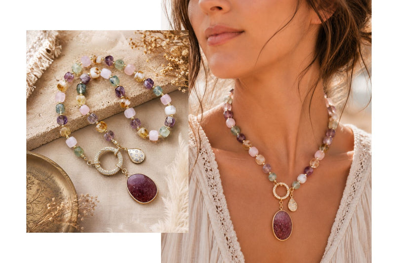Mixed Quartz Pavé Statement Necklace styled in a warm bohemian jewellery collage.