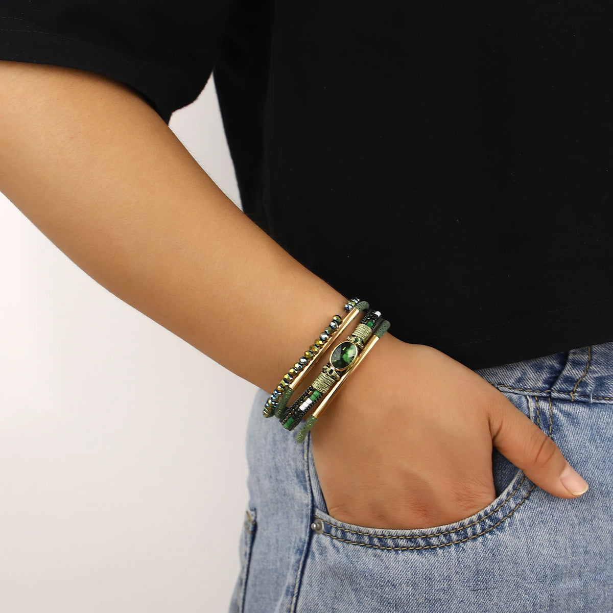 'Bijou' Charm and Beads Cuff Bracelet - green - Allora Jade