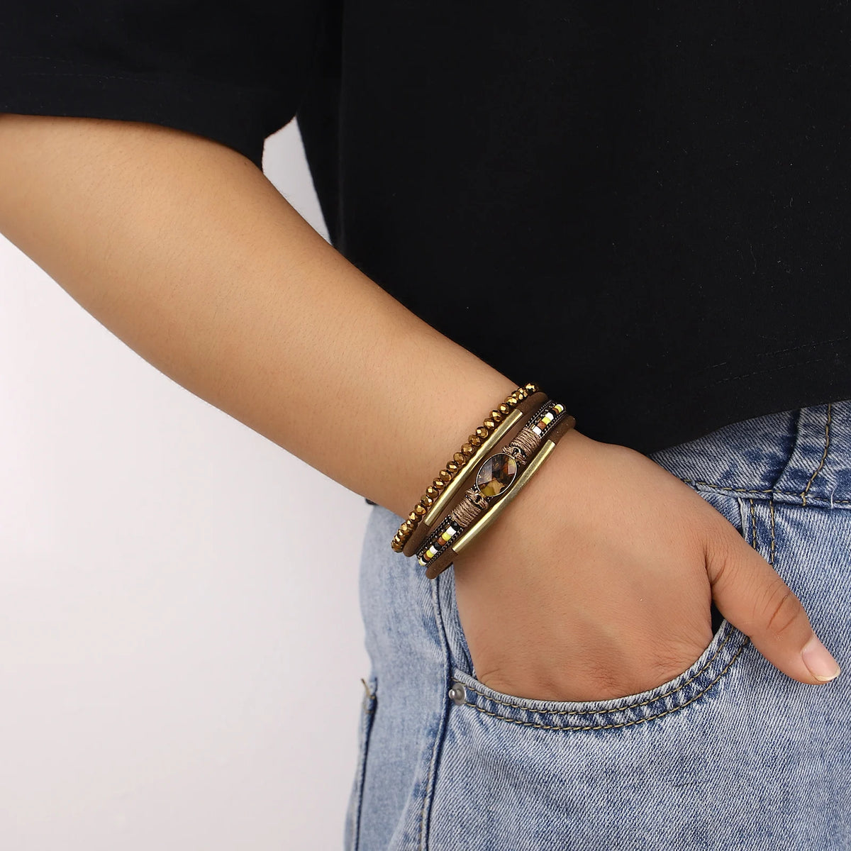 'Bijou' Charm and Beads Cuff Bracelet - brown - Allora Jade