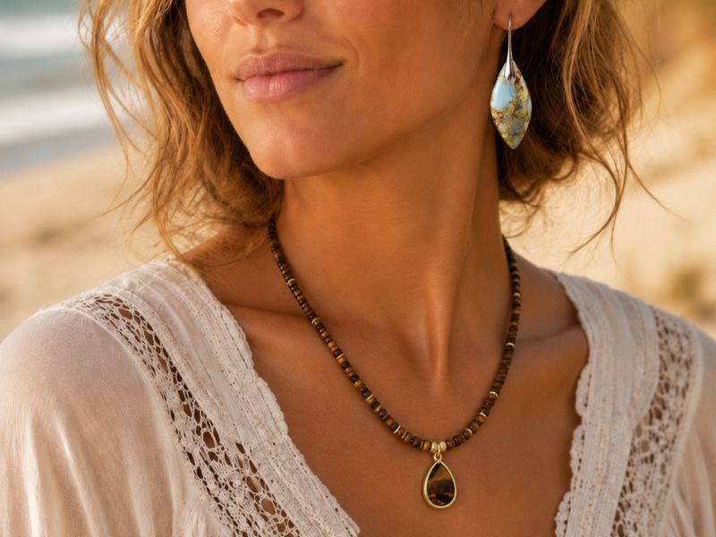 A close-up lifestyle shot of a woman wearing a bohemian-style beaded necklace with a teardrop pendant and a matching teardrop dangle earring, set against a blurred beach background.