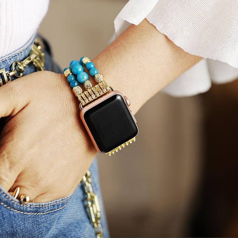 Turquoise Gold Beads Stretchy Apple Watch Band - Apple Watch Bands - Allora Jade