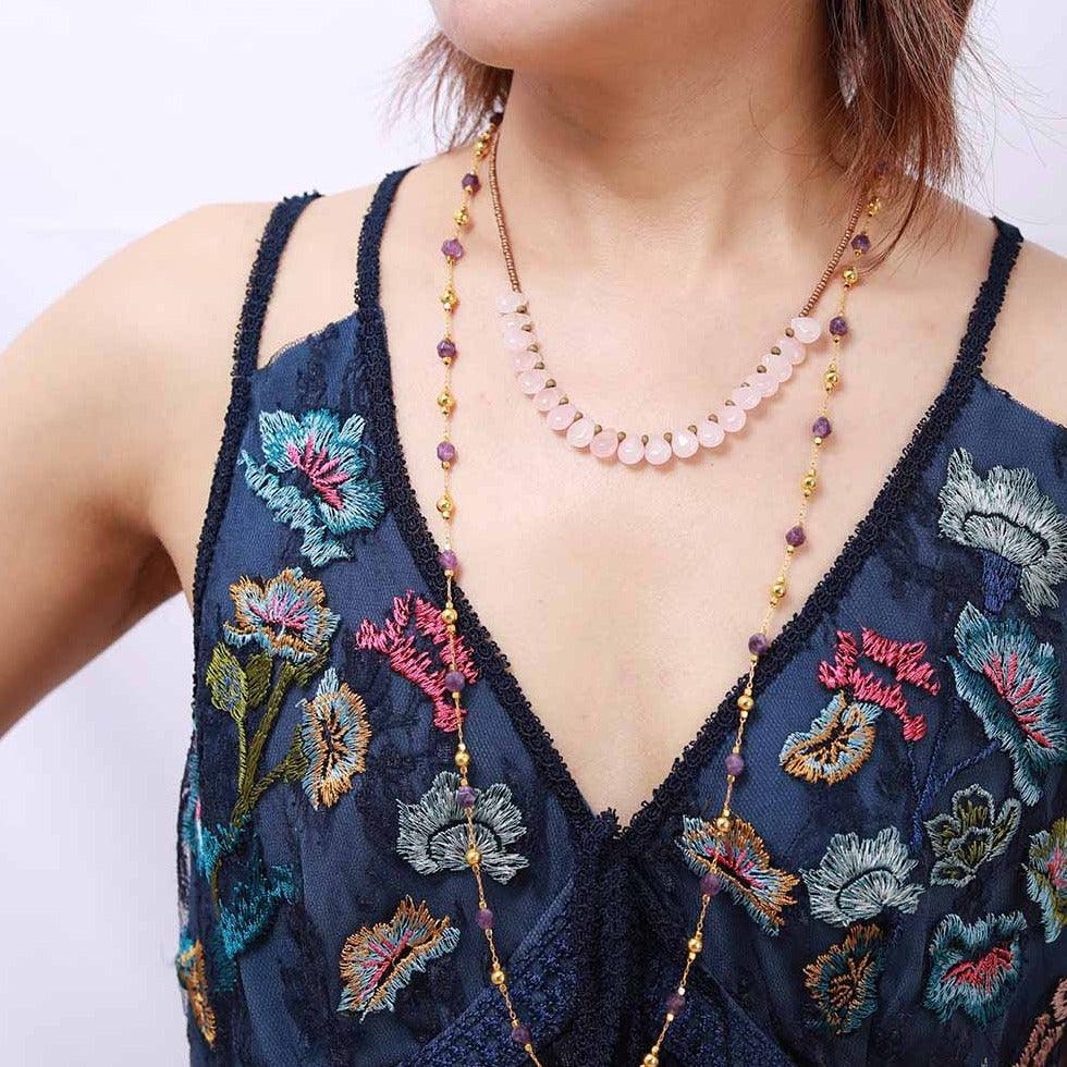'Kaya' Rose Quartz and Seed Beads Necklace - Allora Jade