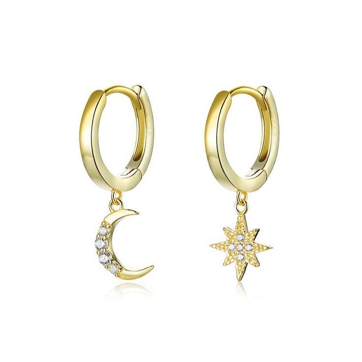 'Moon and Star' CZ & Sterling Silver Dangle Earrings - Sterling Silver Earrings - Allora Jade