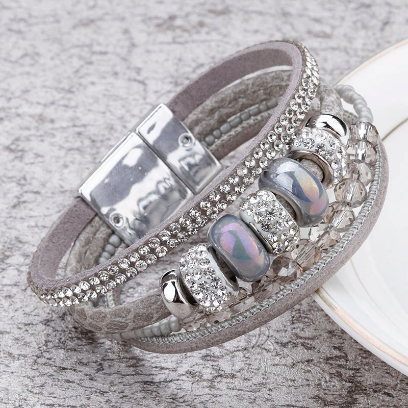 Grey Bedazzle Beads and Rhinestones Cuff Bracelet - ALLORA JADE