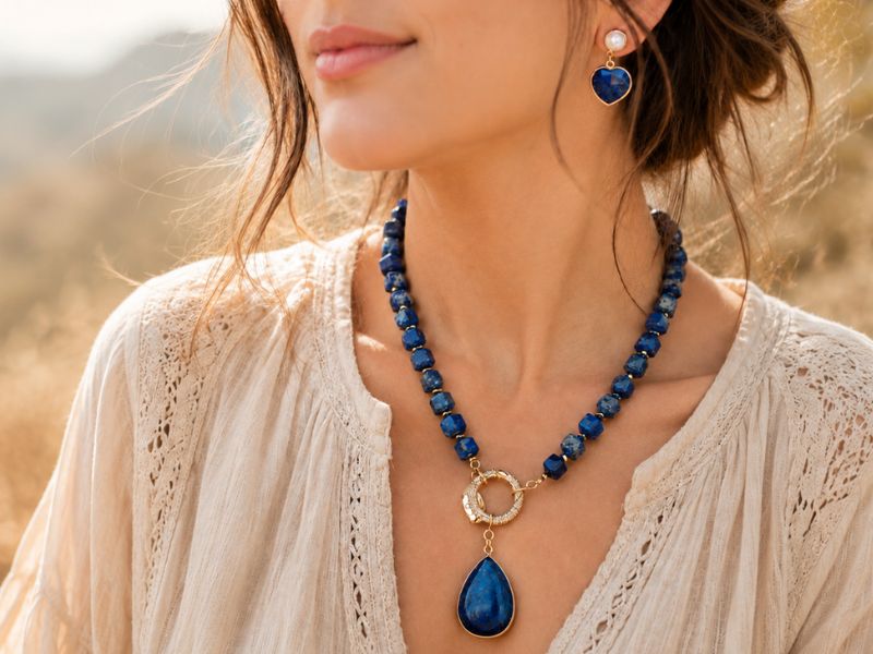 A close-up lifestyle shot of a woman wearing a blue beaded necklace with a gold-tone ring and teardrop pendant, along with matching blue heart-shaped earrings, set against a warm, blurred outdoor background.