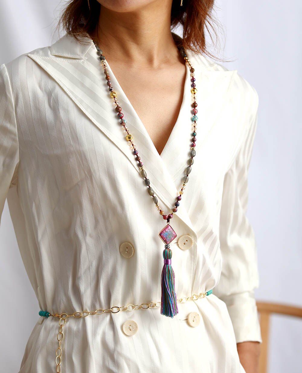 'Rhombi Pendant' Agate, Labradorite and Jasper 108 Mala Beads Necklace - Allora Jade
