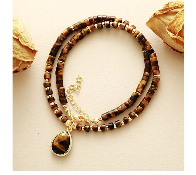 'Aluka' Tiger Eye Crystal Charm and Beads Choker Necklace - Allora Jade