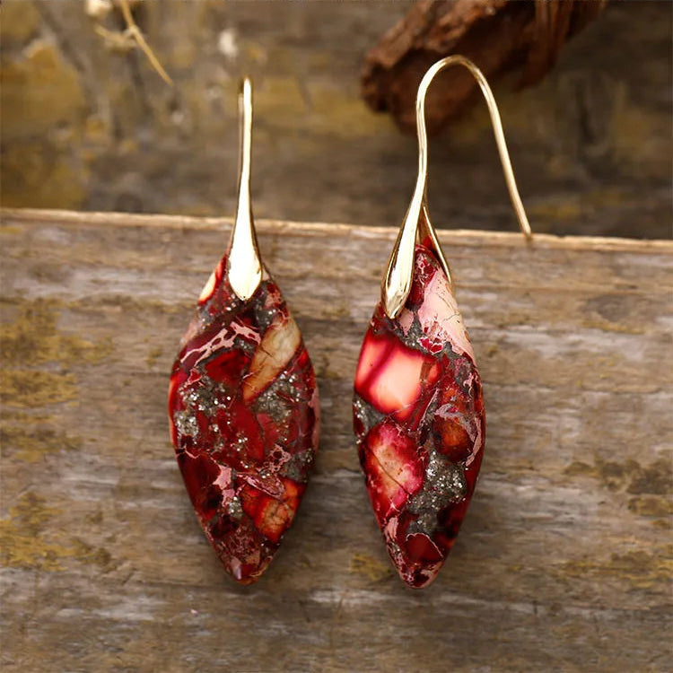 'Jasper' Leaf Gold Dangle Earrings - red | dangle earrings | Allora Jade