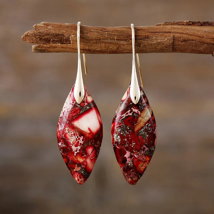'Jasper' Leaf Gold Dangle Earrings - red | dangle earrings | Allora Jade