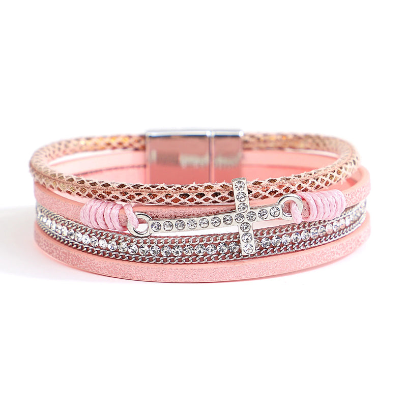 'Cross' Charm and Rhinestones Cuff Bracelet - pink - women's bracelet | ALLORA JADE