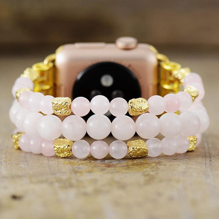 Rose Quartz Gold Beads Stretchy Apple Watch Band - Apple Watch Bands - Allora Jade