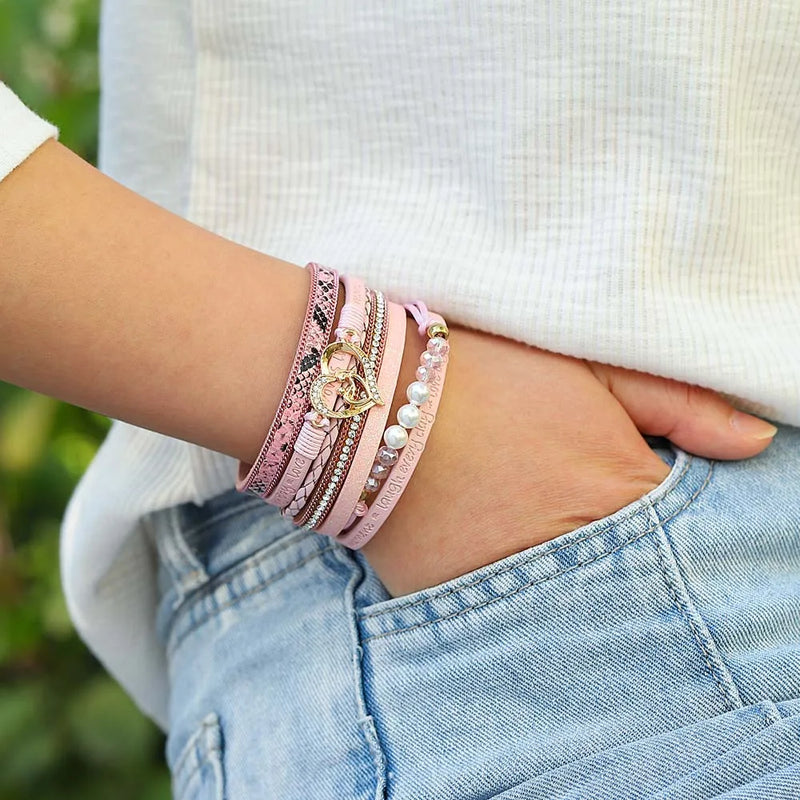 'Inspired Heart' Rhinestones and Beads Bracelet - pink | Allora Jade