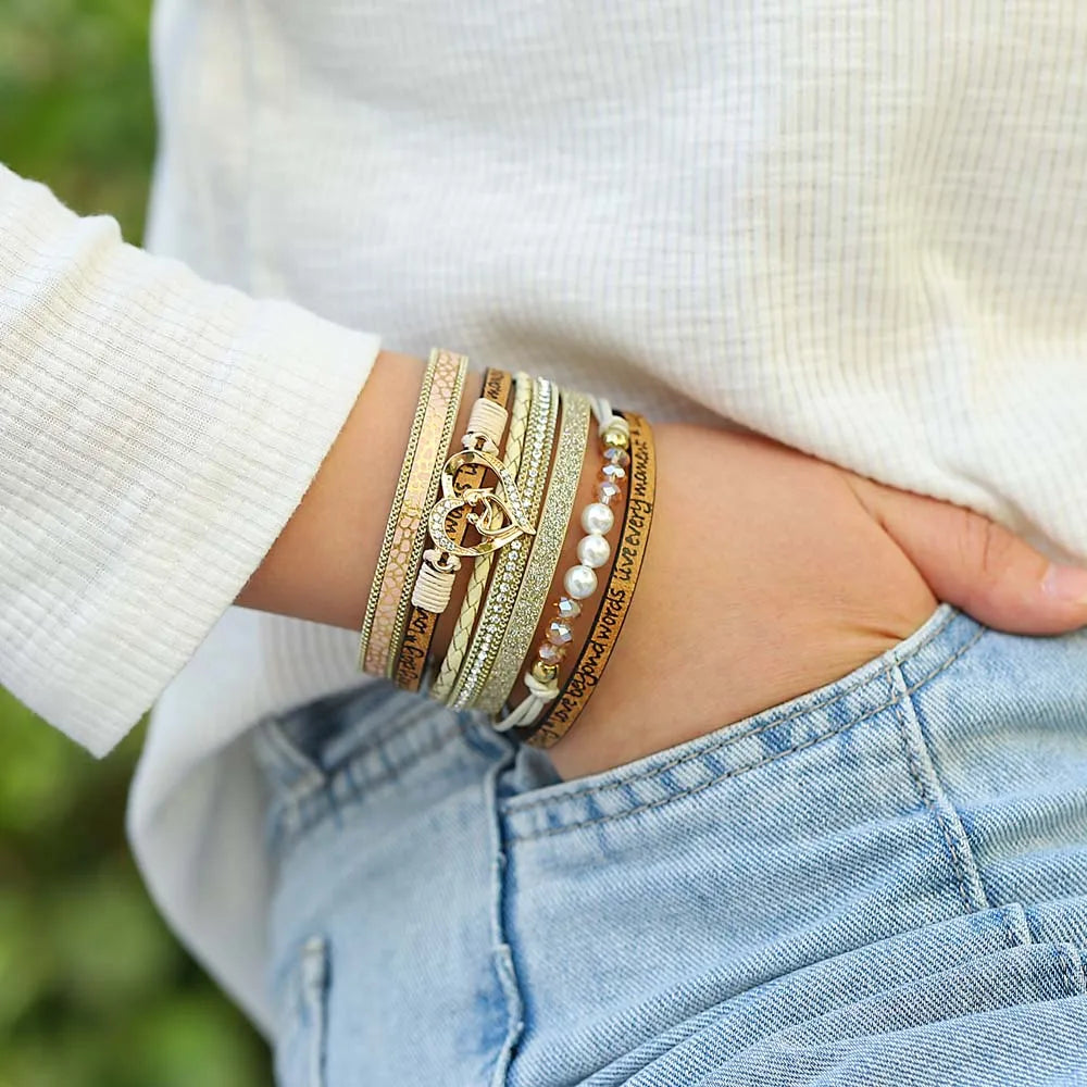 'Inspired Heart' Rhinestones and Beads Bracelet - khaki | Allora Jade