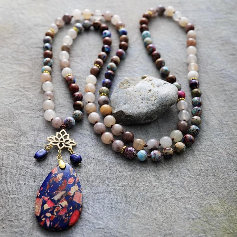 'Lotus Pendant' Agate and Jasper 108 Mala Beads Necklace - Womens Necklaces Crystal Necklace - Allora Jade