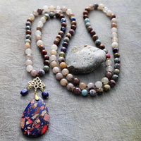 'Lotus Pendant' Agate and Jasper 108 Mala Beads Necklace - Womens Necklaces Crystal Necklace - Allora Jade