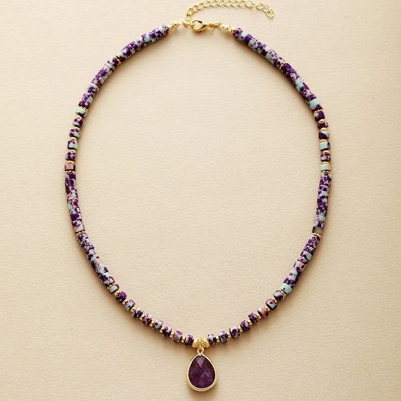 'Aluka' Amethyst Crystal Charm and Beads Choker Necklace - Allora Jade