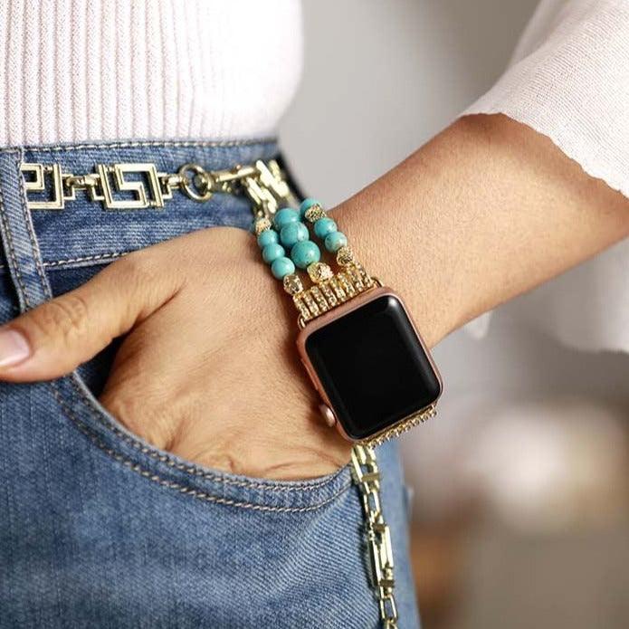 Turquoise Gold Beads Stretchy Apple Watch Band - Allora Jade