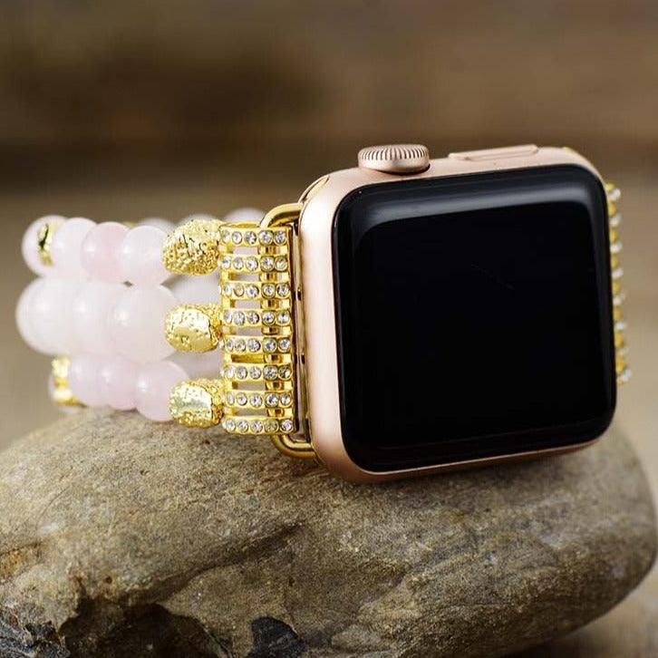Rose Quartz Gold Beads Stretchy Apple Watch Band - Allora Jade