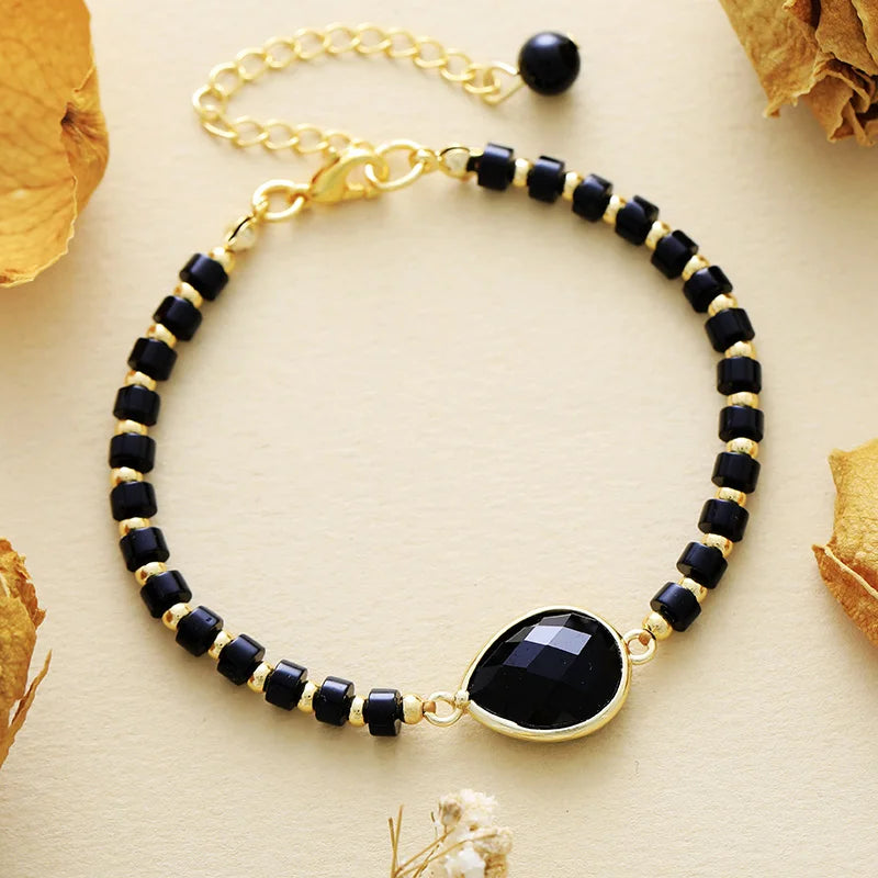 'Aluka' Crystal Charm and Beads Bracelet - Black Onyx - Allora Jade