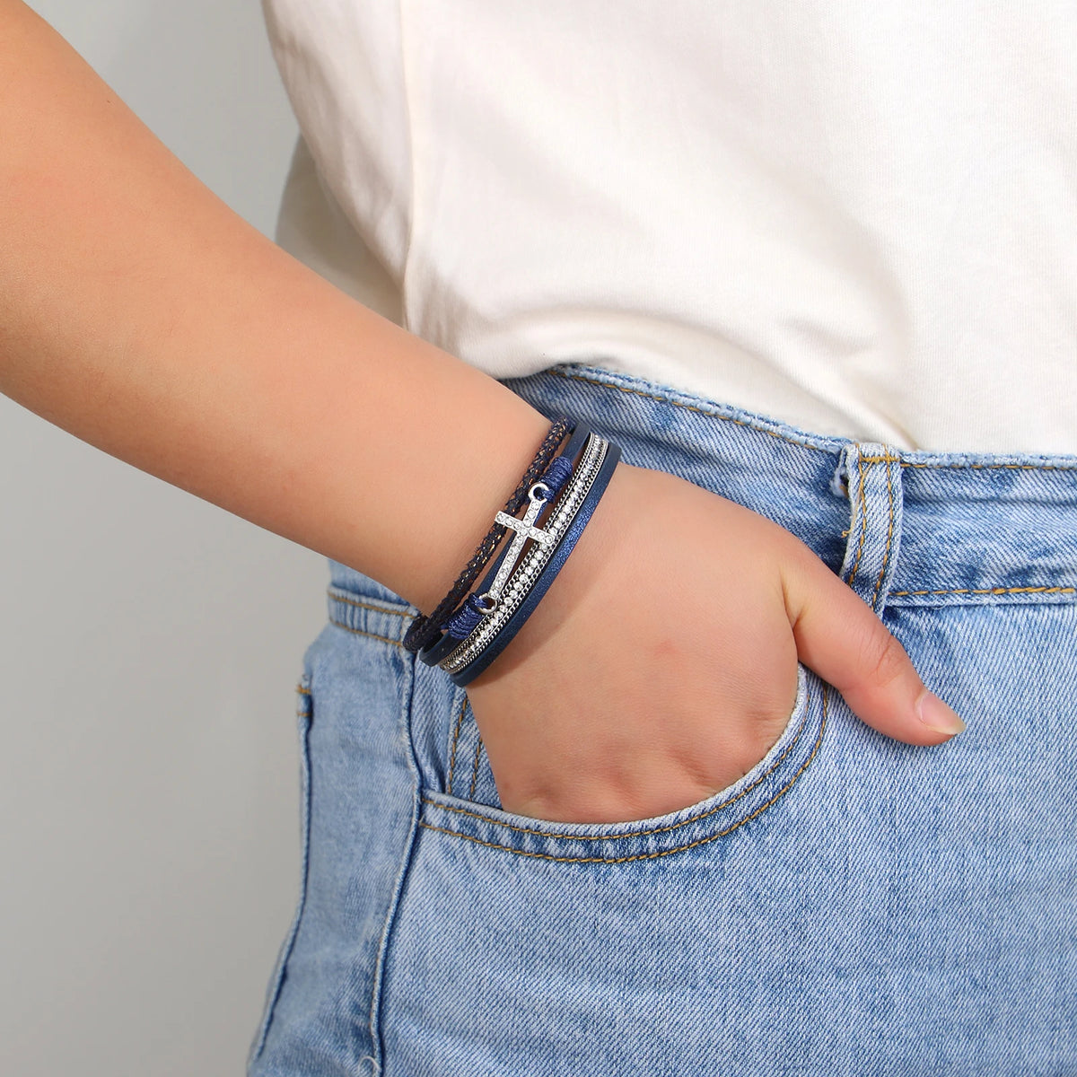 'Cross' Charm and Rhinestones Cuff Bracelet - blue - women's bracelet | ALLORA JADE