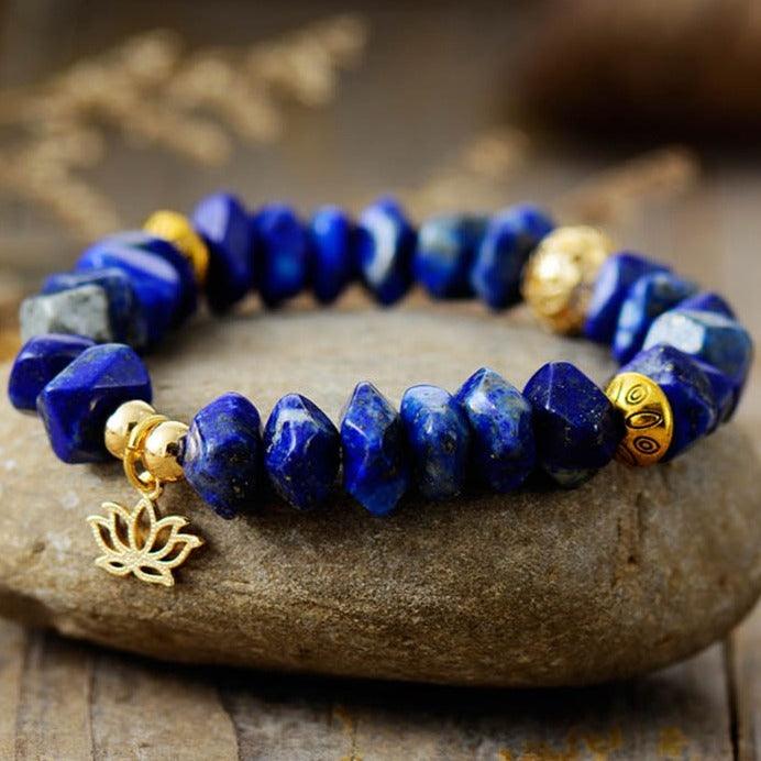 Lapis Lazuli Stretchy Bracelet w/ Lotus Charm - Womens Bracelets Crystal Bracelet - Allora Jade