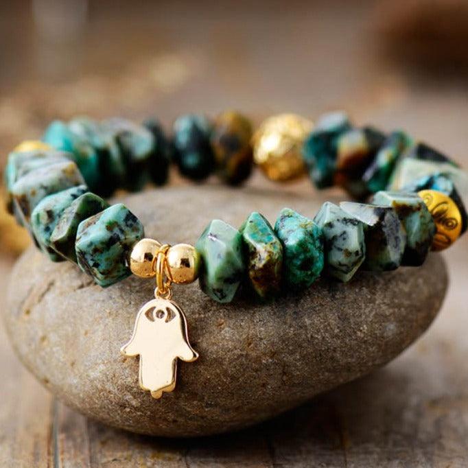 African Turquoise Stretchy Bracelet w/ Hamsa Charm - Womens Bracelets Crystal Bracelet - Allora Jade