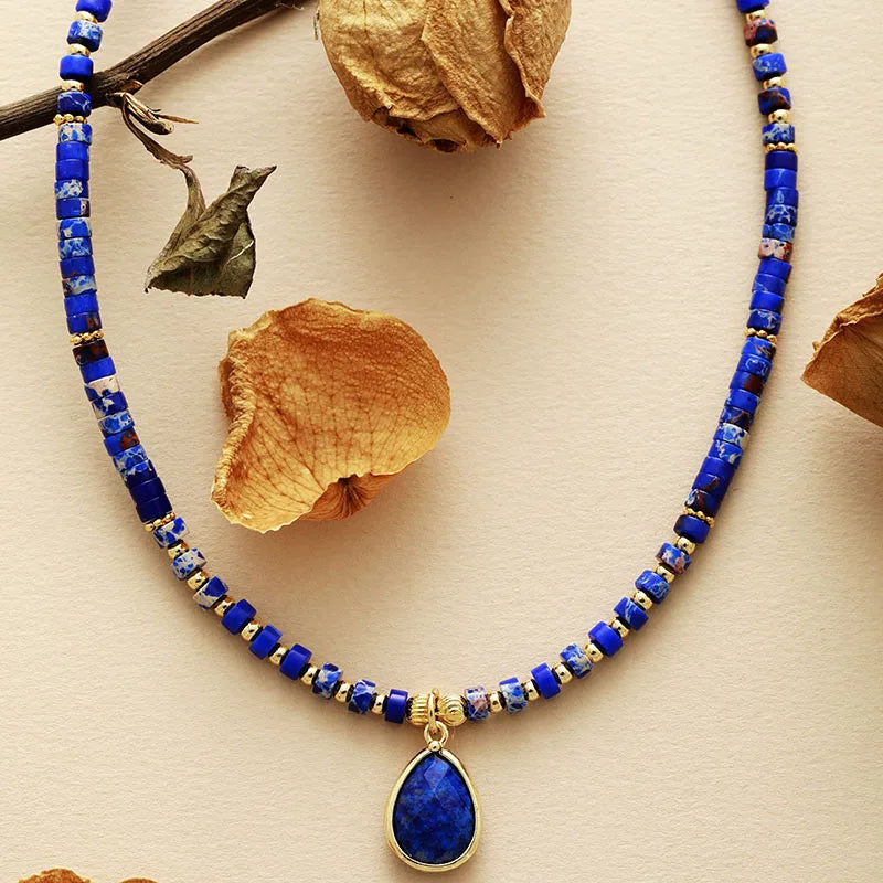 'Aluka' Crystal Charm and Beads Choker Necklace - Lapis - Allora Jade