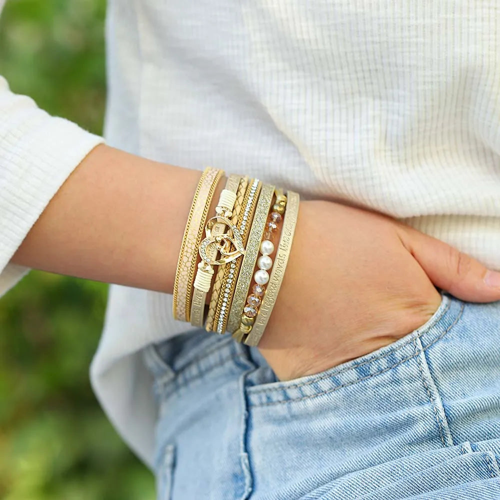 'Inspired Heart' Rhinestones and Beads Bracelet - gold | Allora Jade