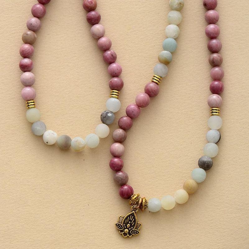 'Lotus' Rhodonite & Amazonite 108 Mala Beads Necklace - Womens Necklaces Crystal Necklace - Allora Jade