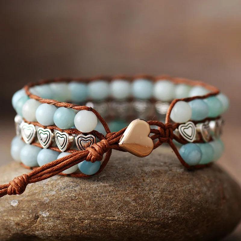 Amazonite & Heart Beads Cuff Bracelet - Womens Bracelets Crystal Bracelet - Allora Jade