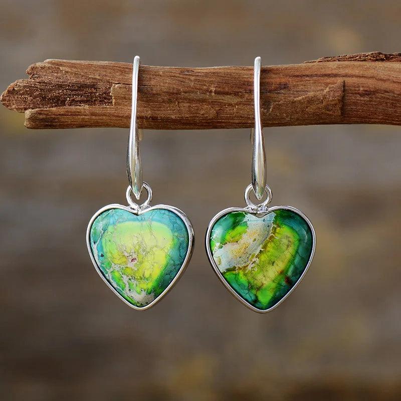 'Giiny' Green Jasper Hearts Drop Earrings - Womens Earrings Crystal Earrings - Allora Jade