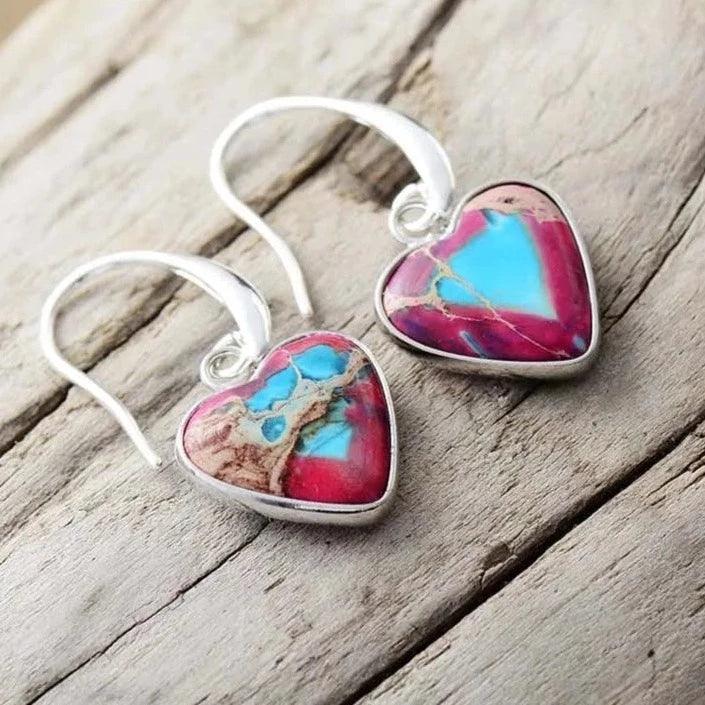 'Giiny' Blue Center Jasper Hearts Drop Earrings - Womens Earrings Crystal Earrings - Allora Jade