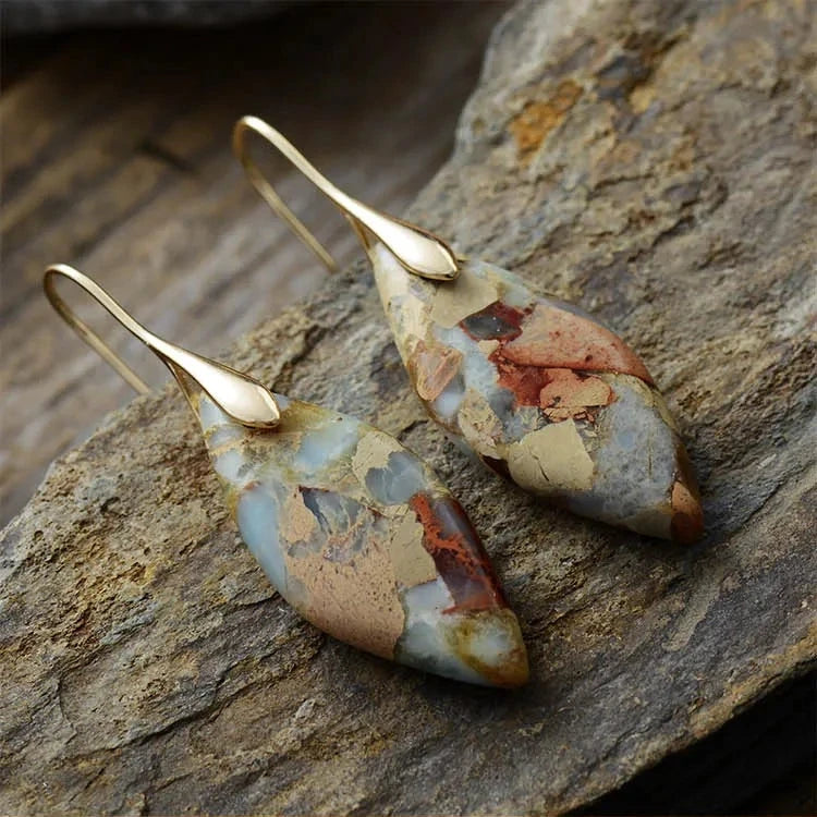 'Jasper' Leaf Gold Dangle Earrings - tan - women's earrings - ALLORA JADE