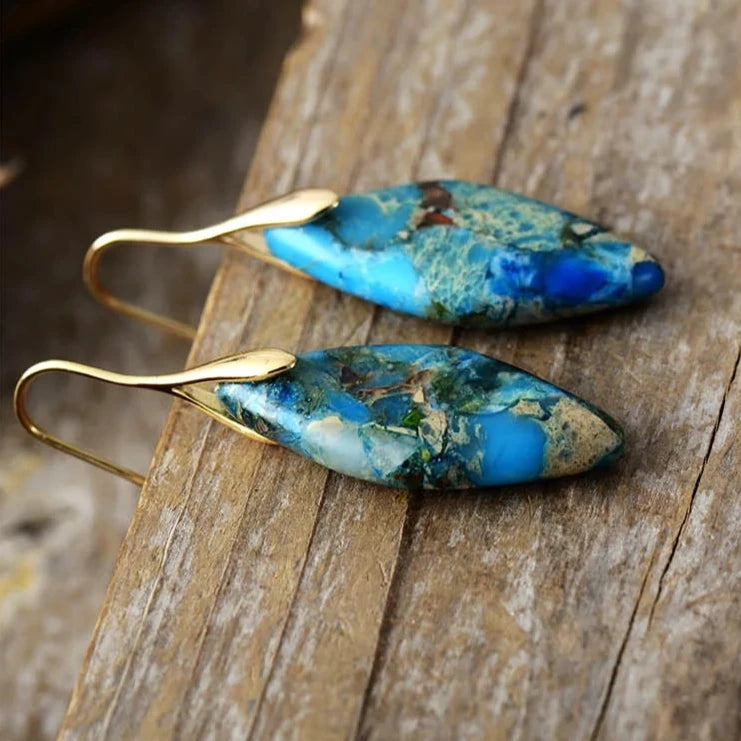 'Jasper' Leaf Gold Dangle Earrings - blue - women's earrings - ALLORA JADE