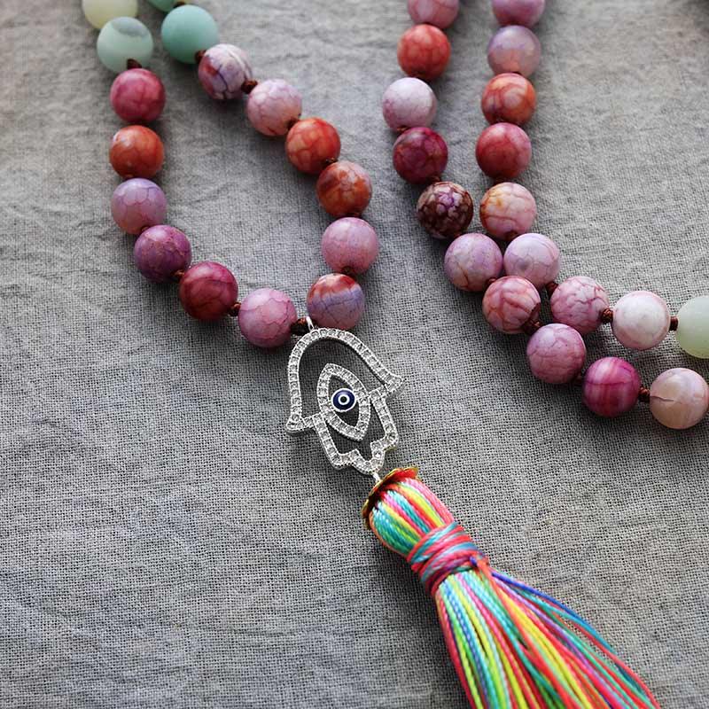 'Hamsa' Agate, Jasper & Amazonite 108 Mala Beads Necklace - Womens Necklaces Crystal Necklace - Allora Jade