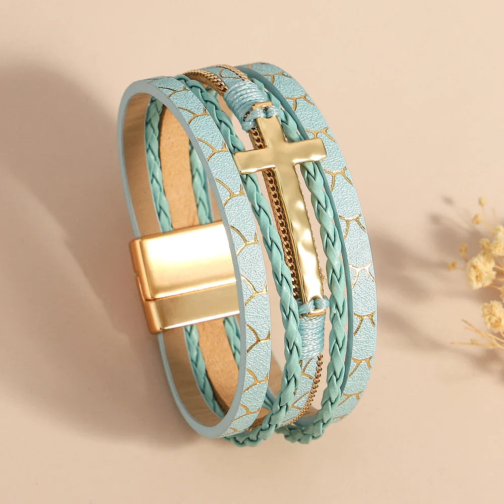 'Cross' Charm Cuff Bracelet - aqua - women's bracelet | ALLORA JADE