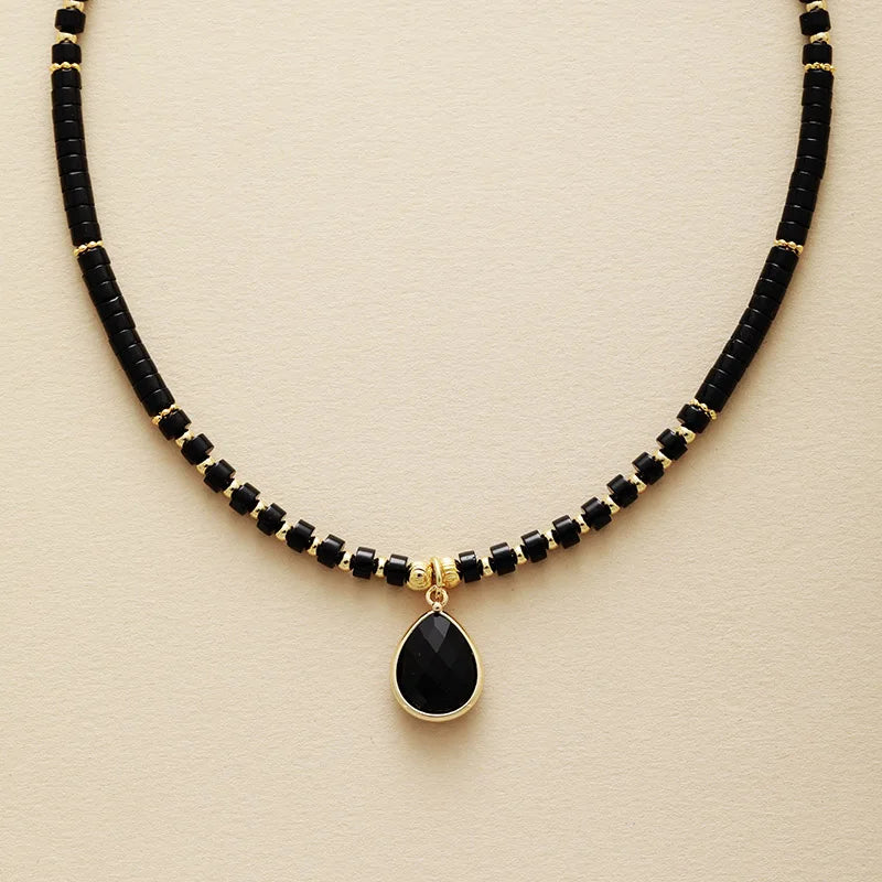 'Aluka' Onyx Crystal Charm and Beads Choker Necklace - Allora Jade